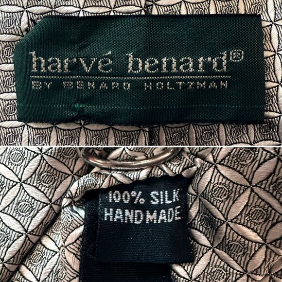 Herve Benard Mens Silk Handmade Geometric Pattern Necktie Silk 4 inch Wide Silve - Picture 4 of 6